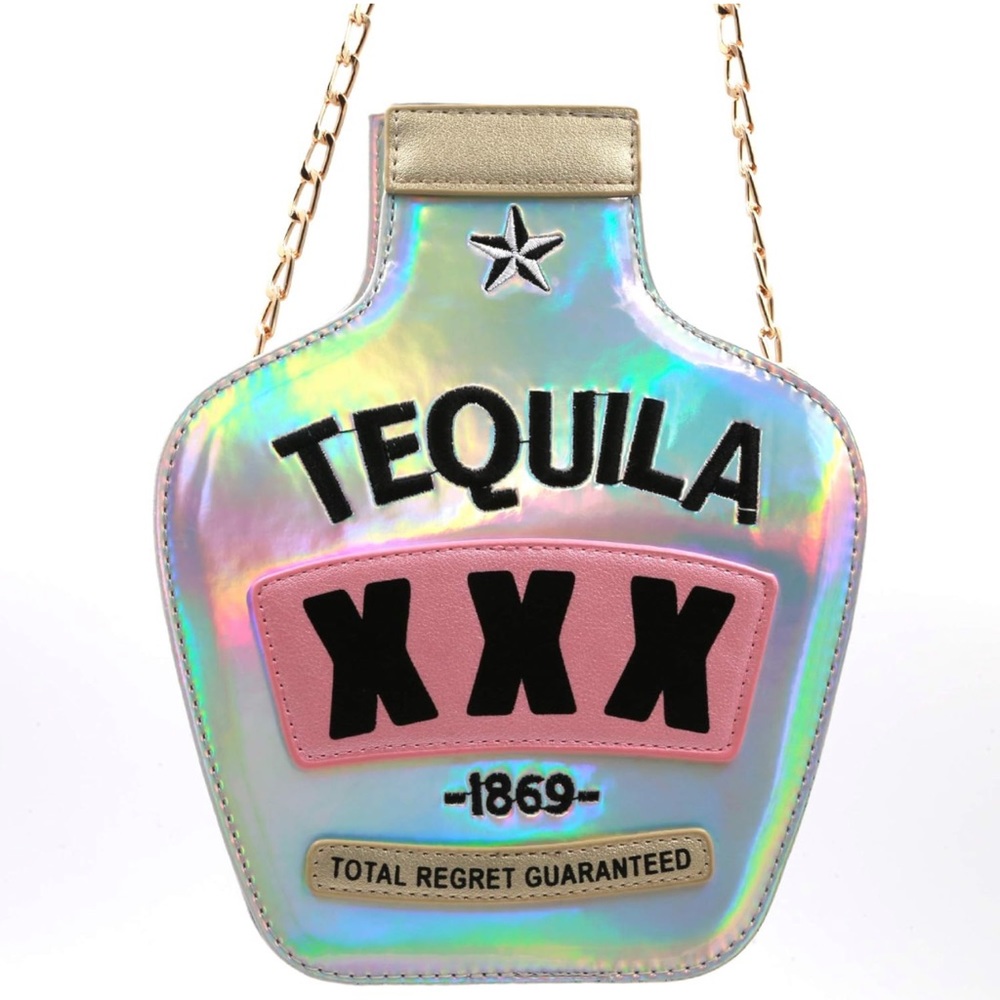 Tequila Bottle Shoulder Crossbody Purse Gold Chain Strap Nashville Bachelorette